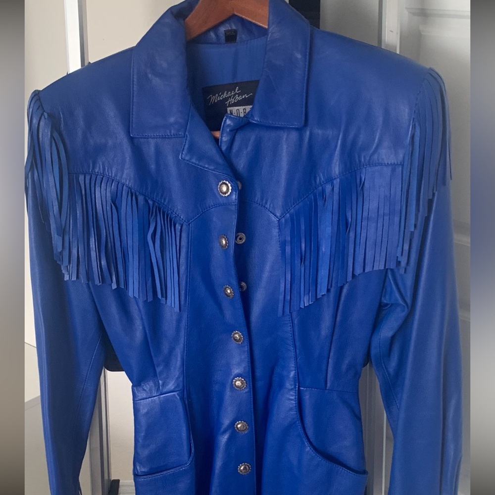 Michael Hoban Blue Leather Jacket with Long Sleeves